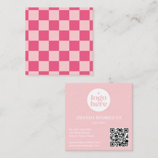 Roze geruite logo QR-code Vierkante Visitekaartje (Voorkant / Achterkant)
