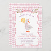 Roze geruite 'One Silly Goose' 1e verjaardag Kaart (Voorkant / Achterkant)
