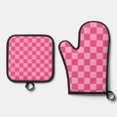 Roze geruite print ovenwant & pannenlap set (Voorkant)
