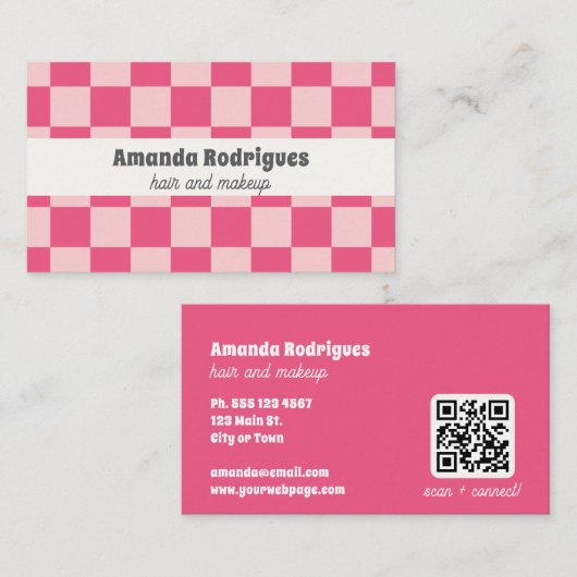 Roze geruite QR-code haar make-up visitekaartje  (Voorkant / Achterkant)