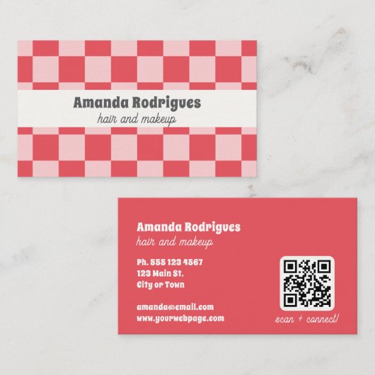 Roze geruite QR-code kapsalon visitekaartje (Voorkant / Achterkant)