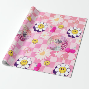 roze geruite Retro Groovy Cadeaupapier