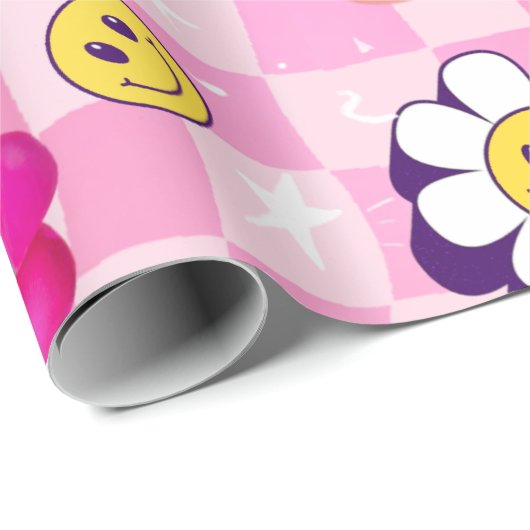 roze geruite Retro Groovy Cadeaupapier (Rol Hoek)