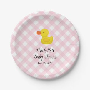 Roze geruite rubber eendje baby shower papieren bo bordje