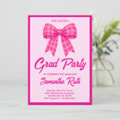 Roze geruite strik afstudeerfeestje kaart (Staand voorkant)