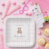 Roze geruite teddybeer babyshower papieren bord (Feest)