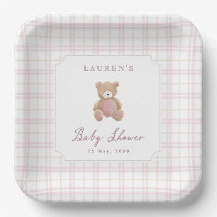 Roze geruite teddybeer babyshower papieren bord