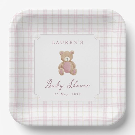 Roze geruite teddybeer babyshower papieren bord (Voorkant)