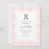 Roze geruite Teddybeer uitnodiging voor 1e verjaar (Voorkant)