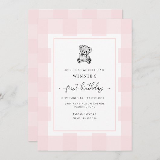 Roze geruite Teddybeer uitnodiging voor 1e verjaar (Voorkant / Achterkant)