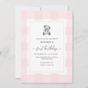Roze geruite Teddybeer uitnodiging voor 1e verjaar