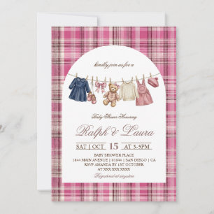 Roze geruite vintage luxe baby shower kaart