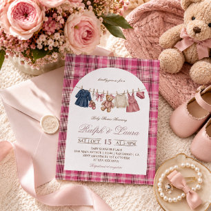 Roze geruite vintage luxe baby shower kaart