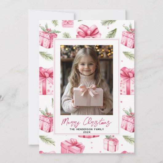 Roze Geschenken & Bogen Aangepaste Kerstfoto & Naa Feestdagenkaart (Voorkant)