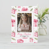 Roze Geschenken & Bogen Aangepaste Kerstfoto & Naa Feestdagenkaart (Staand voorkant)
