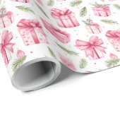 Roze geschenken & bogen Kerstmis & Winter Verjaard Cadeaupapier (Rol Hoek)