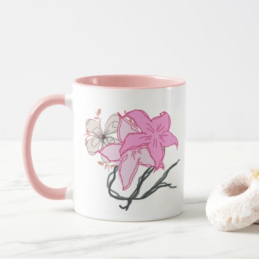Roze geschetst bloemboeket mok (Met donut)
