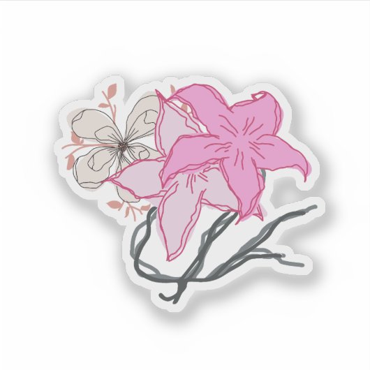 Roze geschetst bloemboeket sticker (Voorkant)