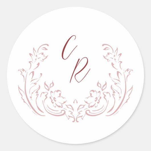 Roze geschetste  bloeien bruiloft monogram ronde sticker (Voorkant)