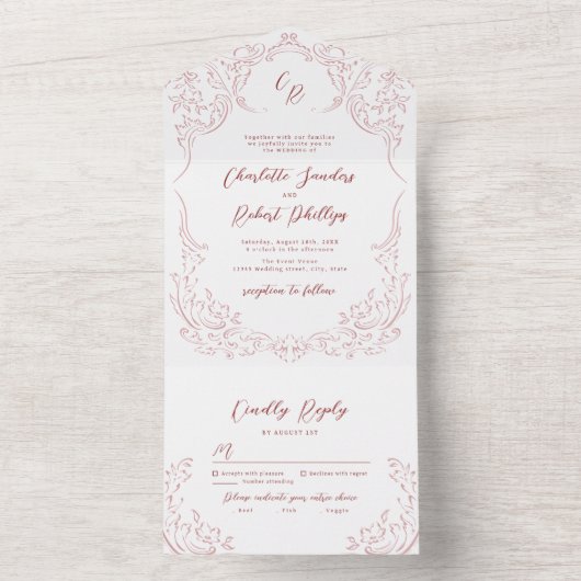 Roze geschetste  bloeien Monogram bruiloft All In One Uitnodiging (Binnen)