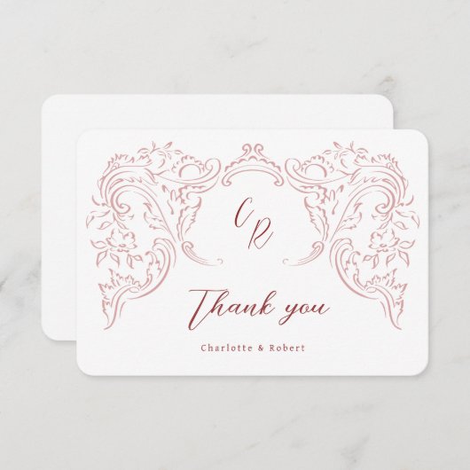 Roze geschetste  bloeien Monogram bruiloft Bedankkaart (Voorkant / Achterkant)