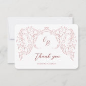 Roze geschetste  bloeien Monogram bruiloft Bedankkaart (Voorkant)