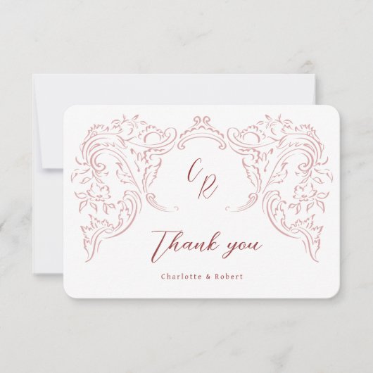 Roze geschetste  bloeien Monogram bruiloft Bedankkaart (Voorkant)