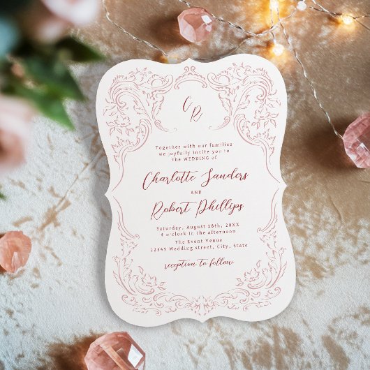 Roze geschetste bloeien Monogram bruiloft Kaart