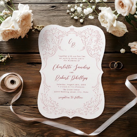 Roze geschetste  bloeien Monogram bruiloft Kaart