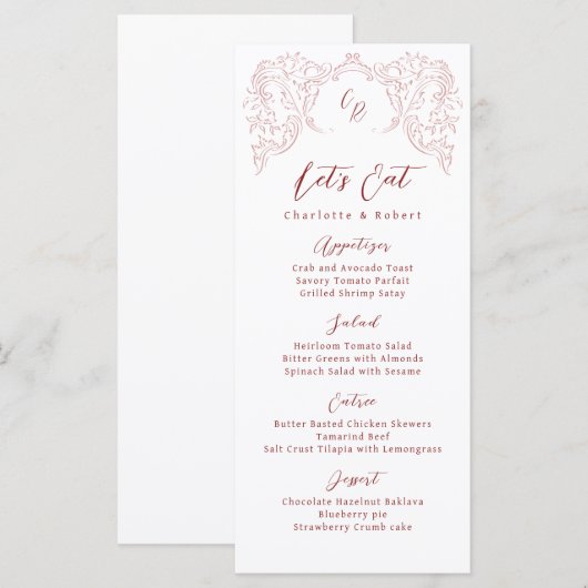 Roze geschetste  bloeien Monogram bruiloft Menu (Voorkant / Achterkant)