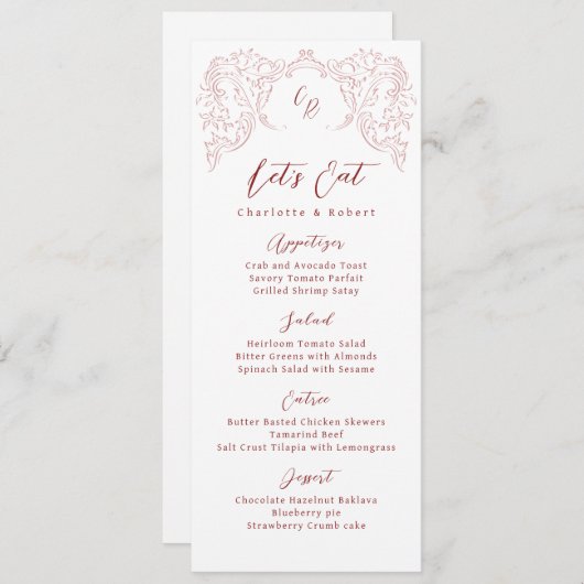 Roze geschetste bloeien Monogram bruiloft Menu (Voorkant / Achterkant)