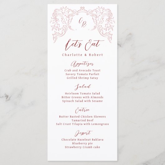 Roze geschetste  bloeien Monogram bruiloft Menu (Voorkant)