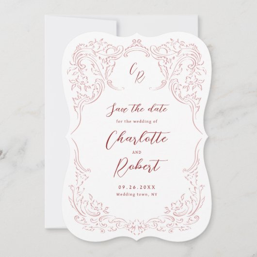 Roze geschetste  bloeien Monogram bruiloft Save The Date (Voorkant)