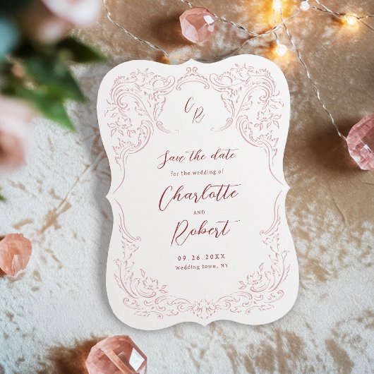 Roze geschetste bloeien Monogram bruiloft Save The Date