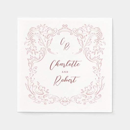 Roze geschetste  bloeien Monogram bruiloft Servet (Voorkant)