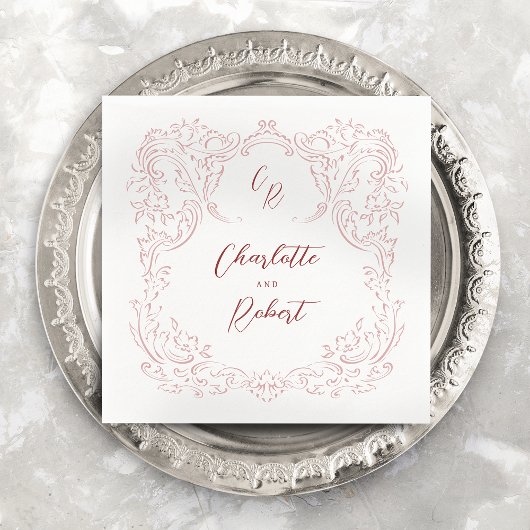 Roze geschetste  bloeien Monogram bruiloft Servet