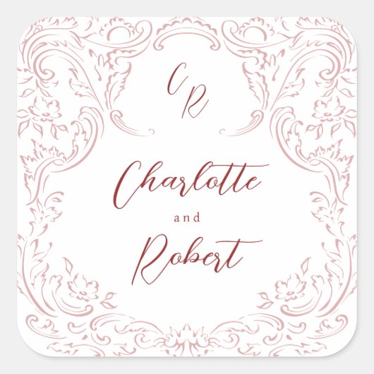 Roze geschetste bloeien Monogram bruiloft Vierkante Sticker (Voorkant)