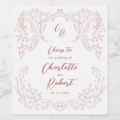 Roze geschetste bloeien Monogram bruiloft Wijn Etiket (Enkel label)