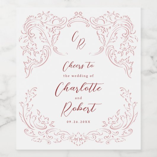 Roze geschetste bloeien Monogram bruiloft Wijn Etiket (Enkel label)