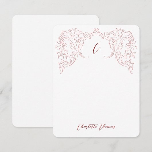 Roze geschetste  bloeiende monogram briefpapier notitiekaartje (Voorkant / Achterkant)