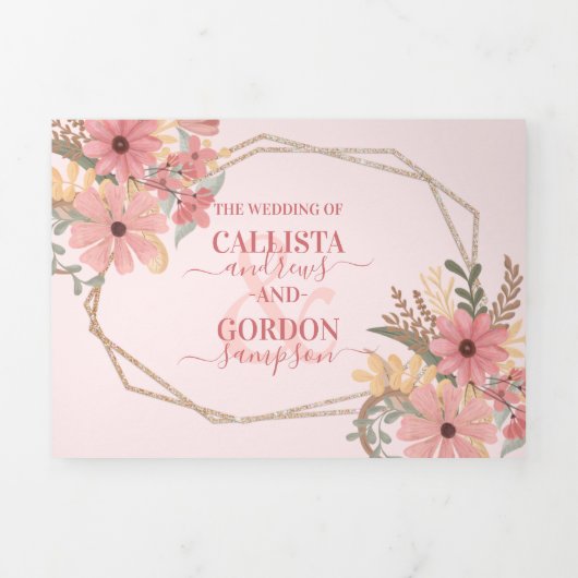 Roze Geschilderde Bloemen Glitter Registry Detail Drieluik Uitnodiging (Cover)