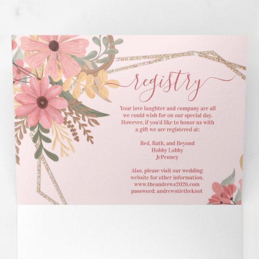 Roze Geschilderde Bloemen Glitter Registry Detail  Drieluik Uitnodiging (Binnenzijde eerst)