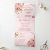 Roze Geschilderde Bloemen Glitter Registry Detail  Drieluik Uitnodiging (Binnen)