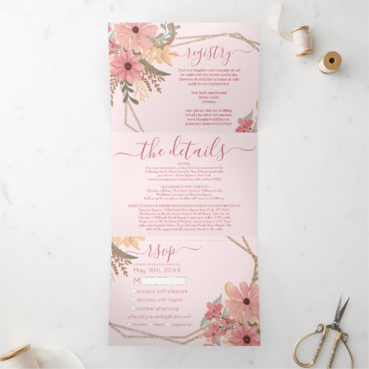 Roze Geschilderde Bloemen Glitter Registry Detail  Drieluik Uitnodiging (Binnen)