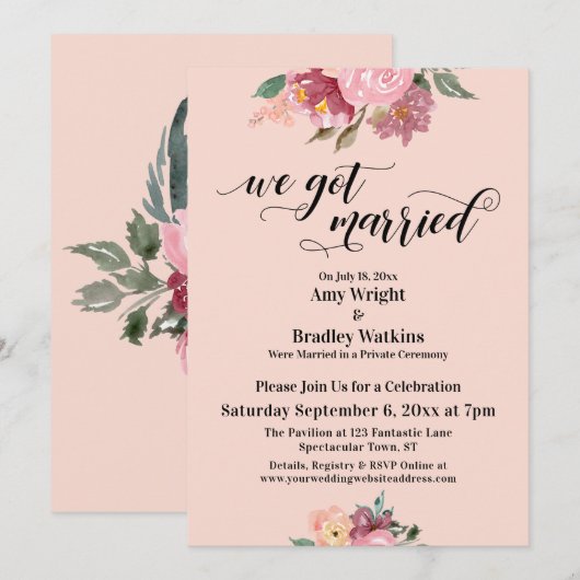 Roze geschilderde bloemen We Zijn Getrouwd Script, Kaart (Voorkant / Achterkant)