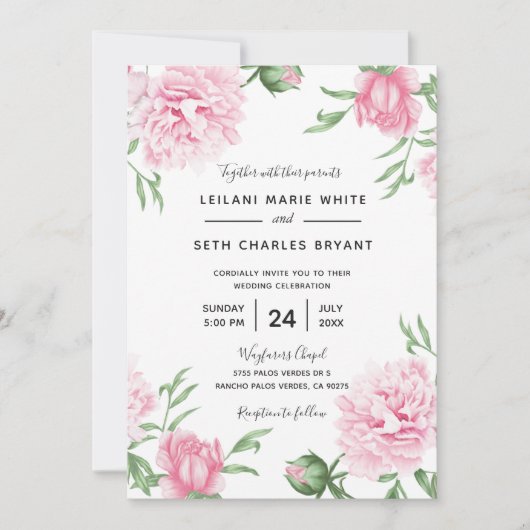 Roze geschilderde bloemige pioenen bruiloft uitnod kaart (Voorkant)