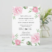 Roze geschilderde bloemige pioenen bruiloft uitnod kaart (Staand voorkant)