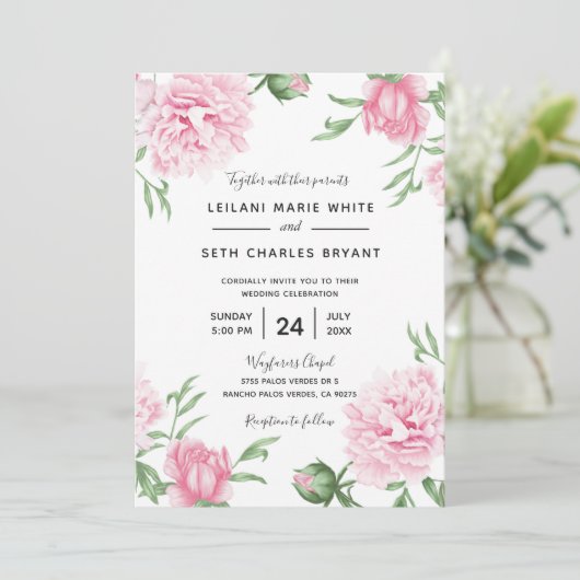 Roze geschilderde bloemige pioenen bruiloft uitnod kaart (Staand voorkant)