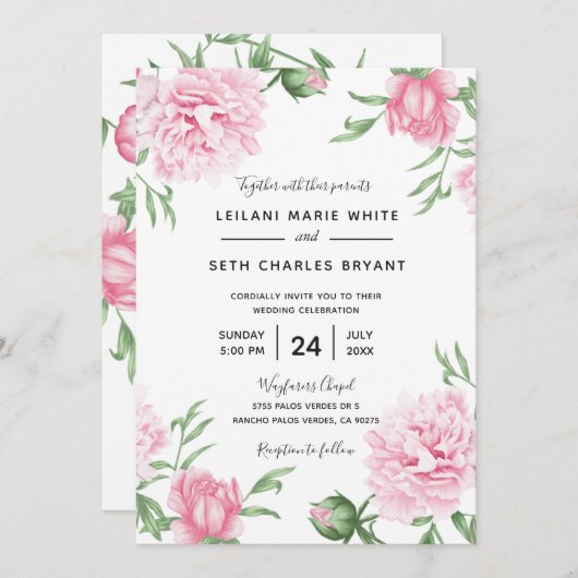 Roze geschilderde bloemige pioenen bruiloft uitnod kaart (Voorkant / Achterkant)