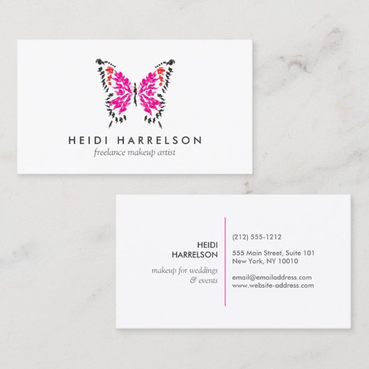 Roze geschilderde vlinder Logo op wit Visitekaartje (Voorkant / Achterkant)